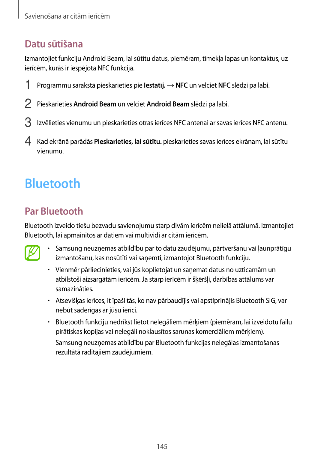 Samsung SM-G901FZKABAL, SM-G901FZDABAL, SM-G901FZWABAL, SM-G901FZBABAL manual Datu sūtīšana, Par Bluetooth 