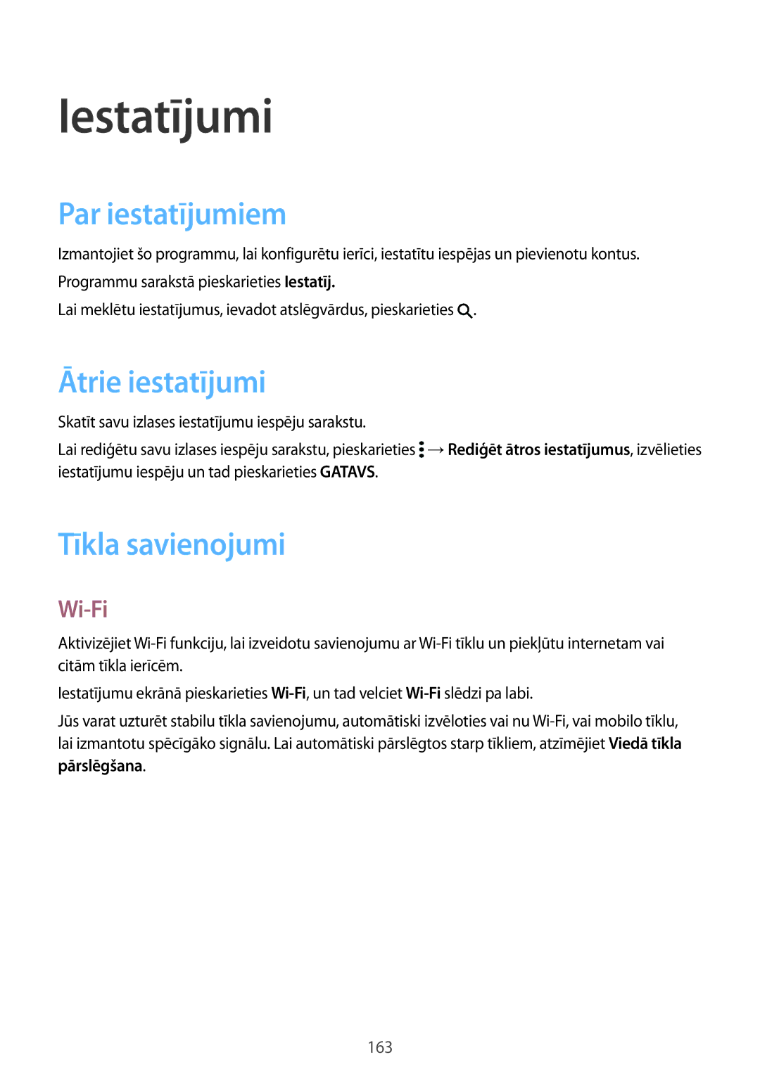 Samsung SM-G901FZBABAL, SM-G901FZDABAL manual Iestatījumi, Par iestatījumiem, Ātrie iestatījumi, Tīkla savienojumi, Wi-Fi 