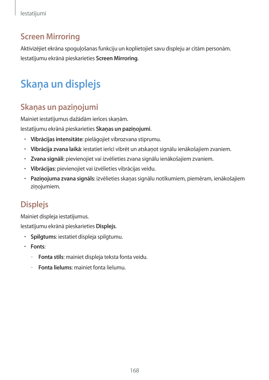 Samsung SM-G901FZDABAL, SM-G901FZKABAL manual Skaņa un displejs, Screen Mirroring, Skaņas un paziņojumi, Displejs, Fonts 