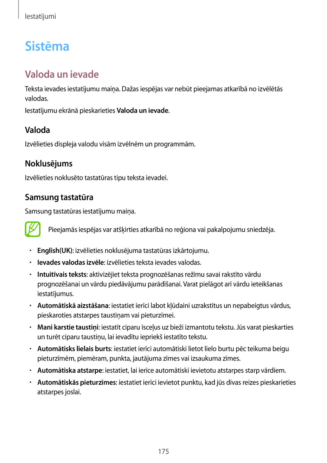 Samsung SM-G901FZBABAL, SM-G901FZDABAL, SM-G901FZKABAL manual Sistēma, Valoda un ievade, Noklusējums, Samsung tastatūra 