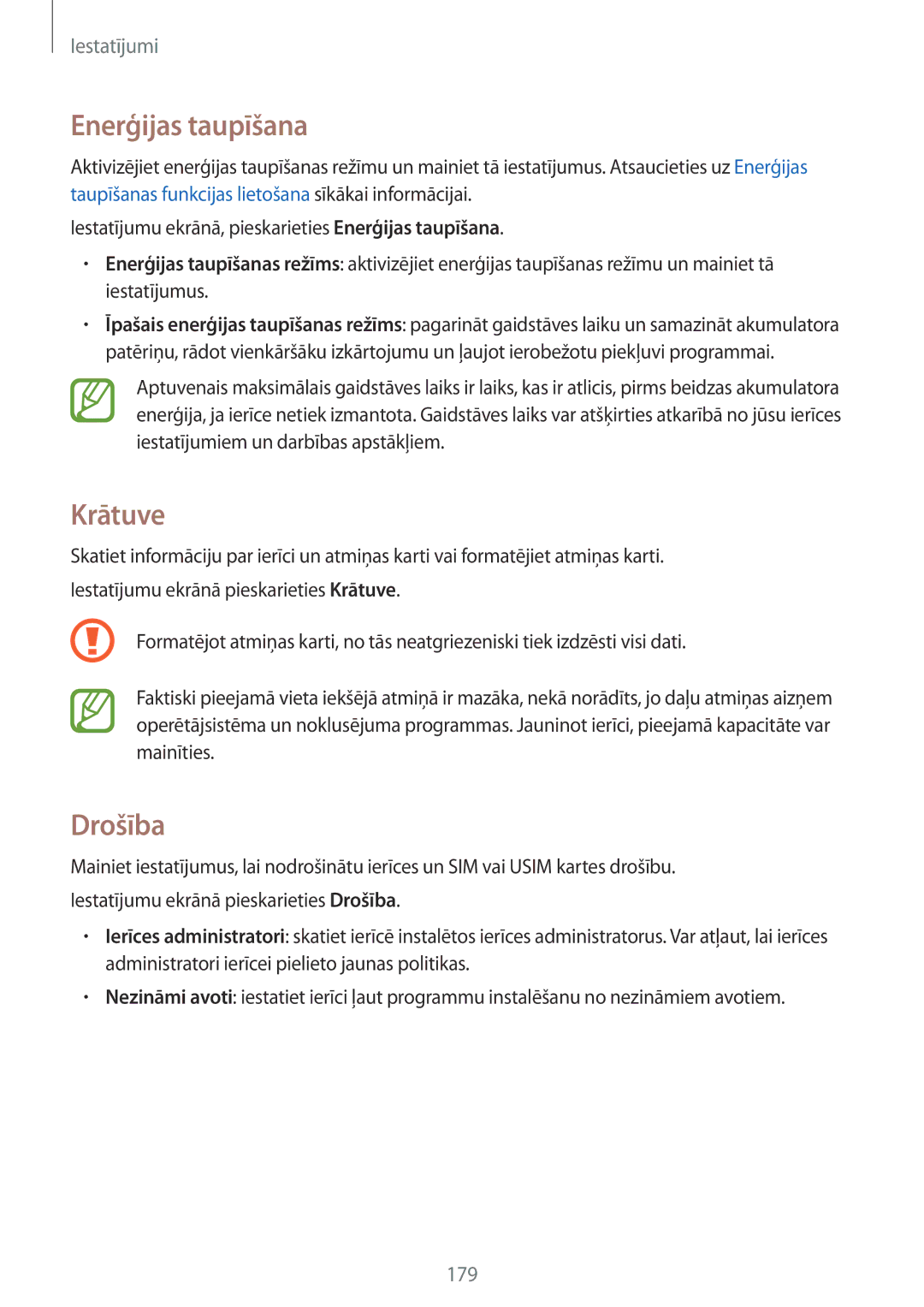 Samsung SM-G901FZBABAL, SM-G901FZDABAL, SM-G901FZKABAL, SM-G901FZWABAL manual Enerģijas taupīšana, Krātuve, Drošība 