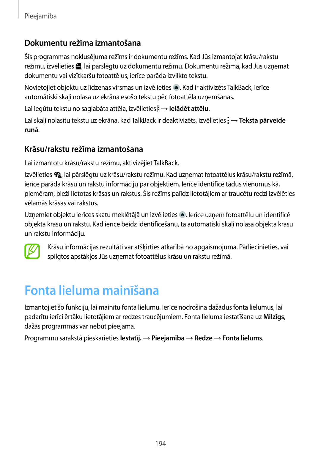 Samsung SM-G901FZWABAL manual Fonta lieluma mainīšana, Dokumentu režīma izmantošana, Krāsu/rakstu režīma izmantošana, Runā 