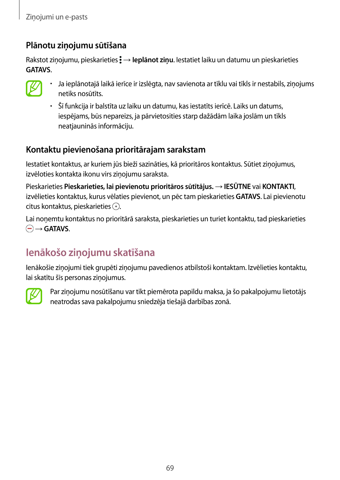 Samsung SM-G901FZKABAL, SM-G901FZDABAL, SM-G901FZWABAL manual Ienākošo ziņojumu skatīšana, Plānotu ziņojumu sūtīšana 