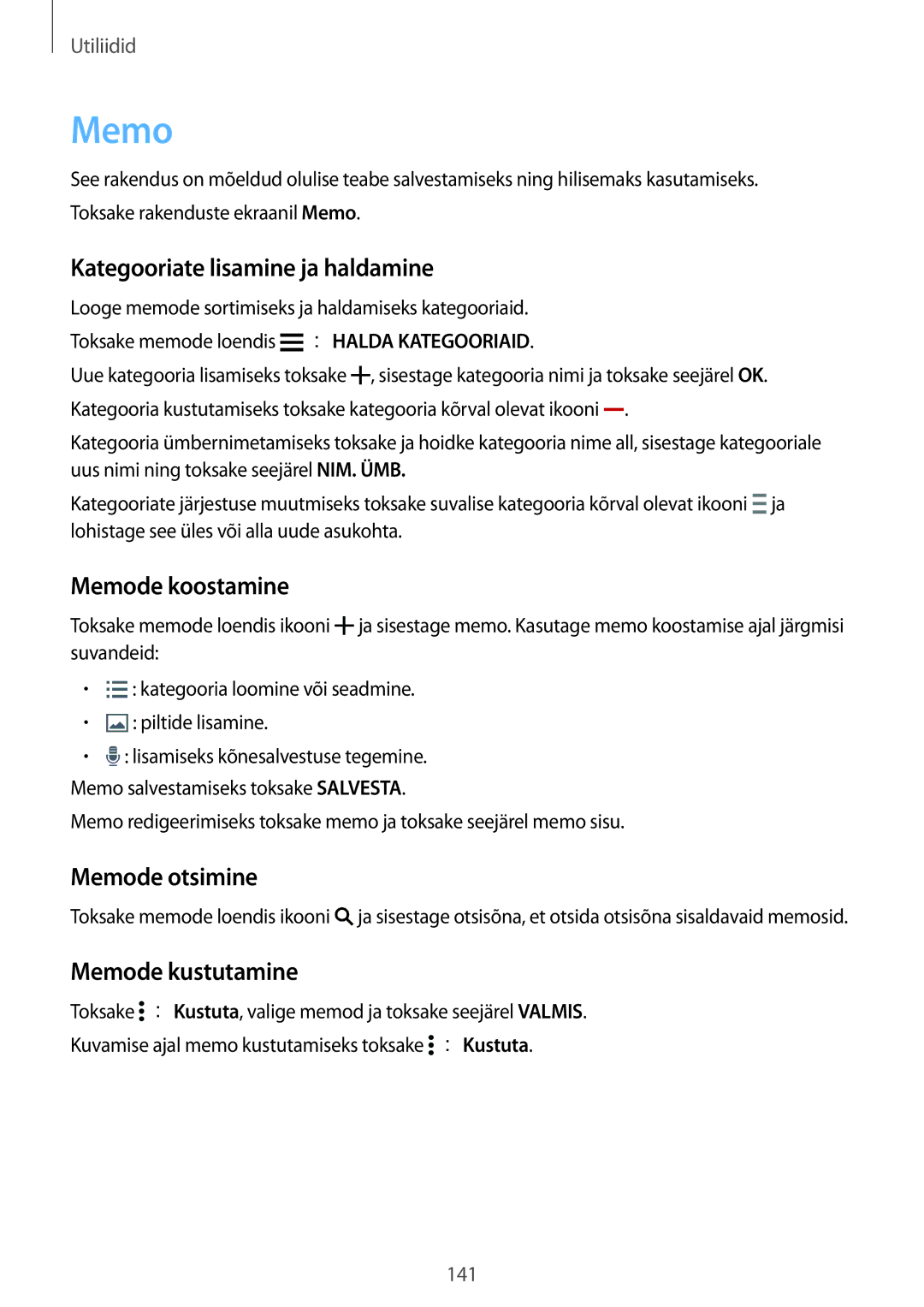 Samsung SM-G901FZKABAL Kategooriate lisamine ja haldamine, Memode koostamine, Memode otsimine, Memode kustutamine 