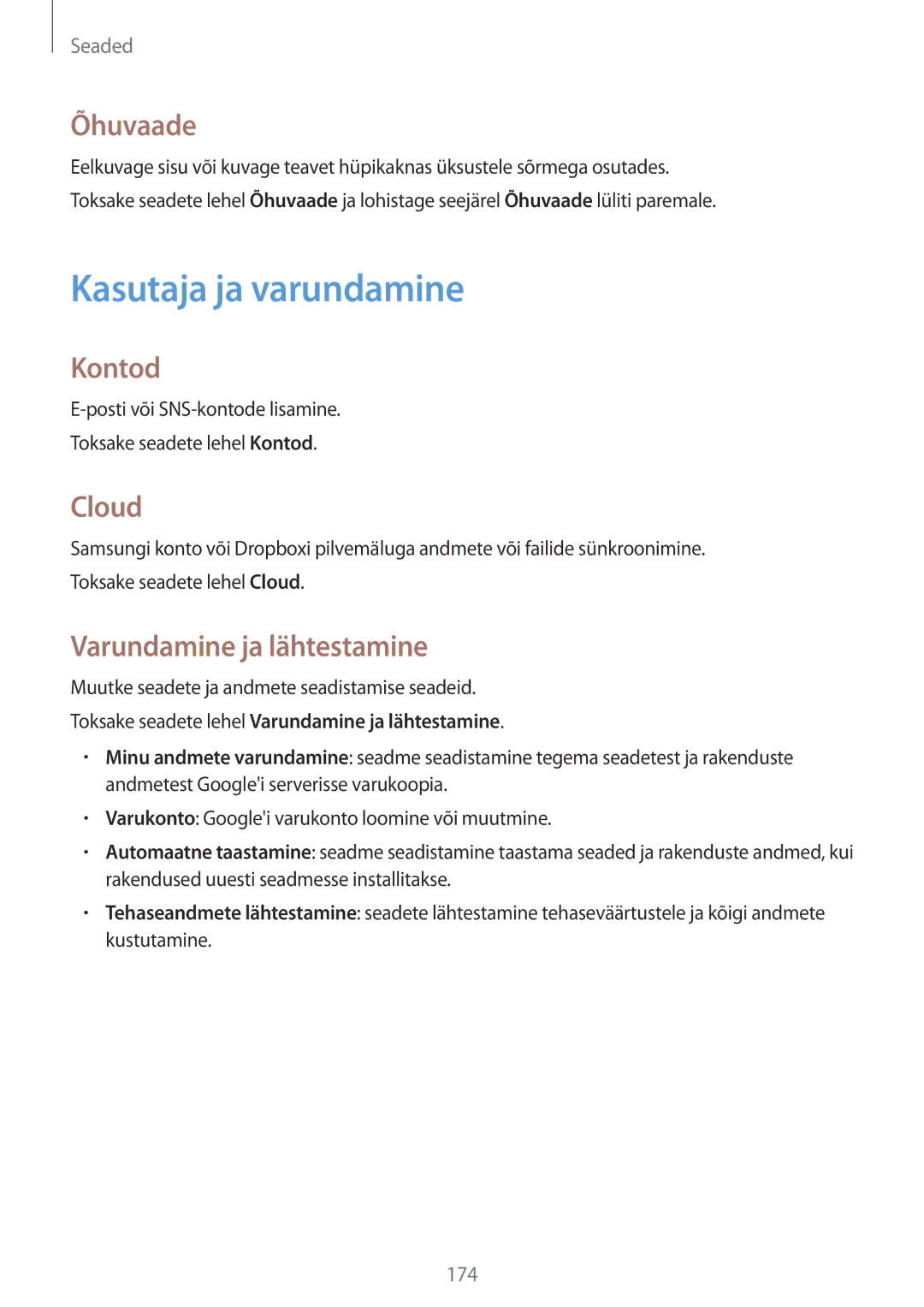 Samsung SM-G901FZWABAL, SM-G901FZDABAL manual Kasutaja ja varundamine, Õhuvaade, Kontod, Cloud, Varundamine ja lähtestamine 