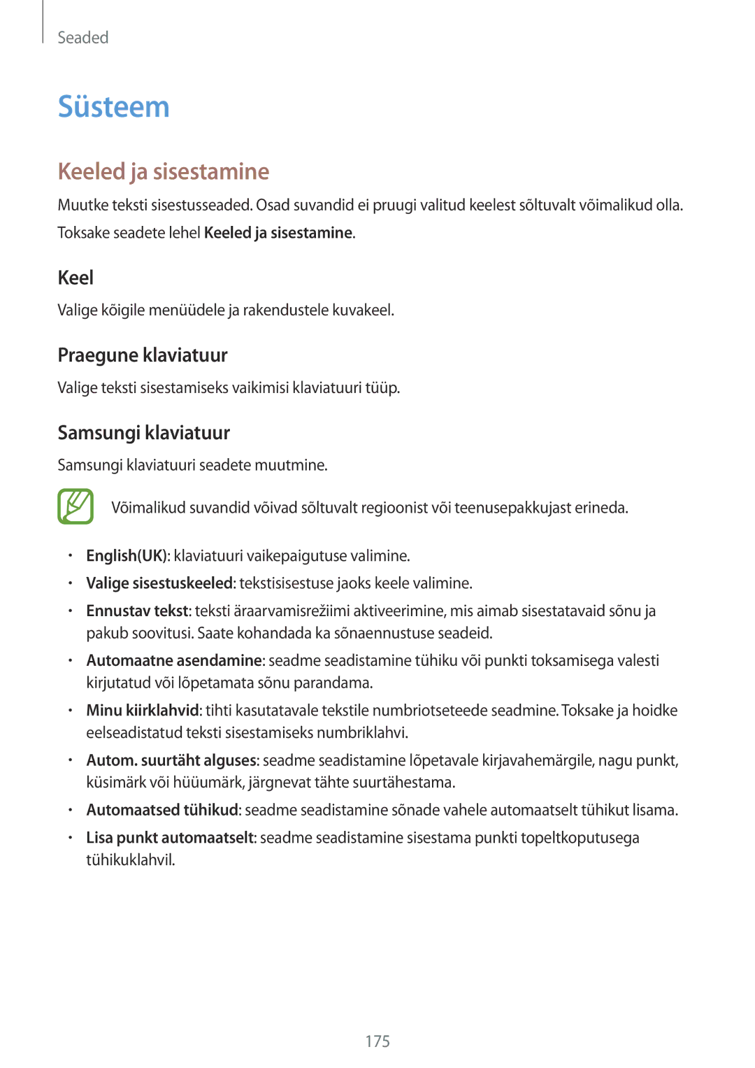 Samsung SM-G901FZBABAL, SM-G901FZDABAL manual Süsteem, Keeled ja sisestamine, Praegune klaviatuur, Samsungi klaviatuur 