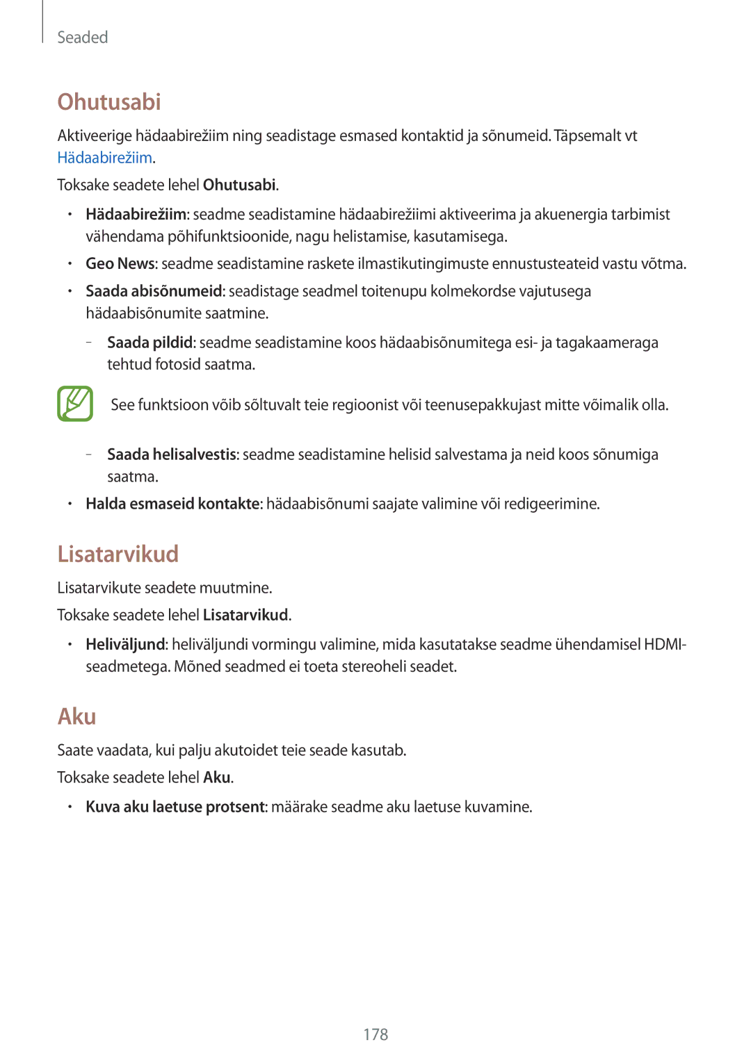 Samsung SM-G901FZWABAL, SM-G901FZDABAL, SM-G901FZKABAL, SM-G901FZBABAL manual Ohutusabi, Lisatarvikud, Aku 