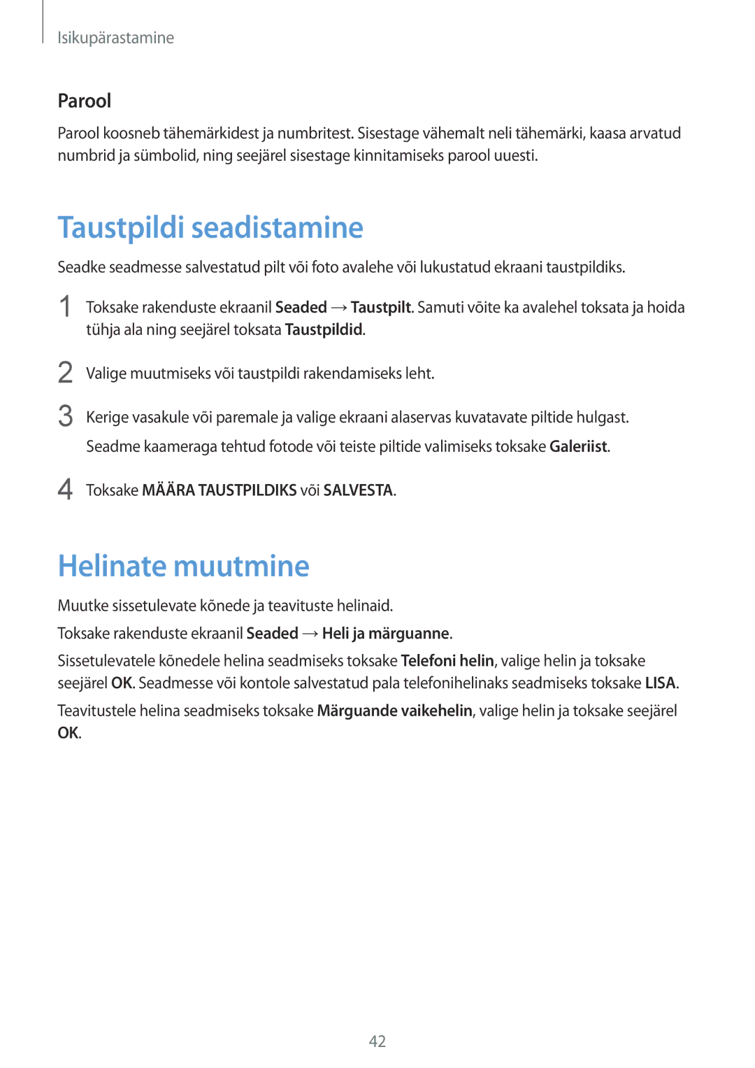 Samsung SM-G901FZWABAL manual Taustpildi seadistamine, Helinate muutmine, Parool, Toksake Määra Taustpildiks või Salvesta 