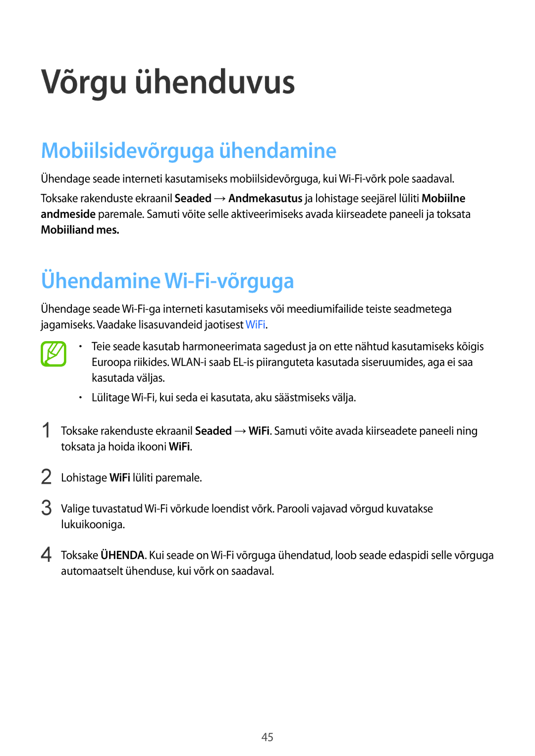 Samsung SM-G901FZKABAL manual Võrgu ühenduvus, Mobiilsidevõrguga ühendamine, Ühendamine Wi-Fi-võrguga, Mobiiliand mes 