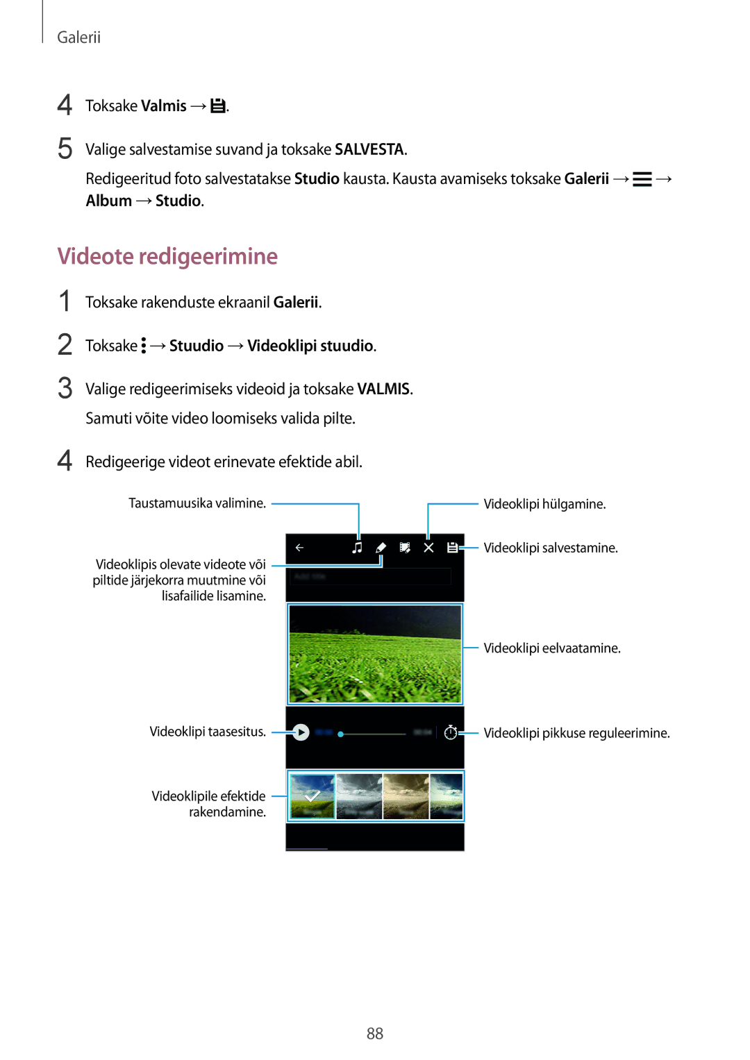 Samsung SM-G901FZDABAL, SM-G901FZKABAL, SM-G901FZWABAL manual Videote redigeerimine, Toksake →Stuudio →Videoklipi stuudio 