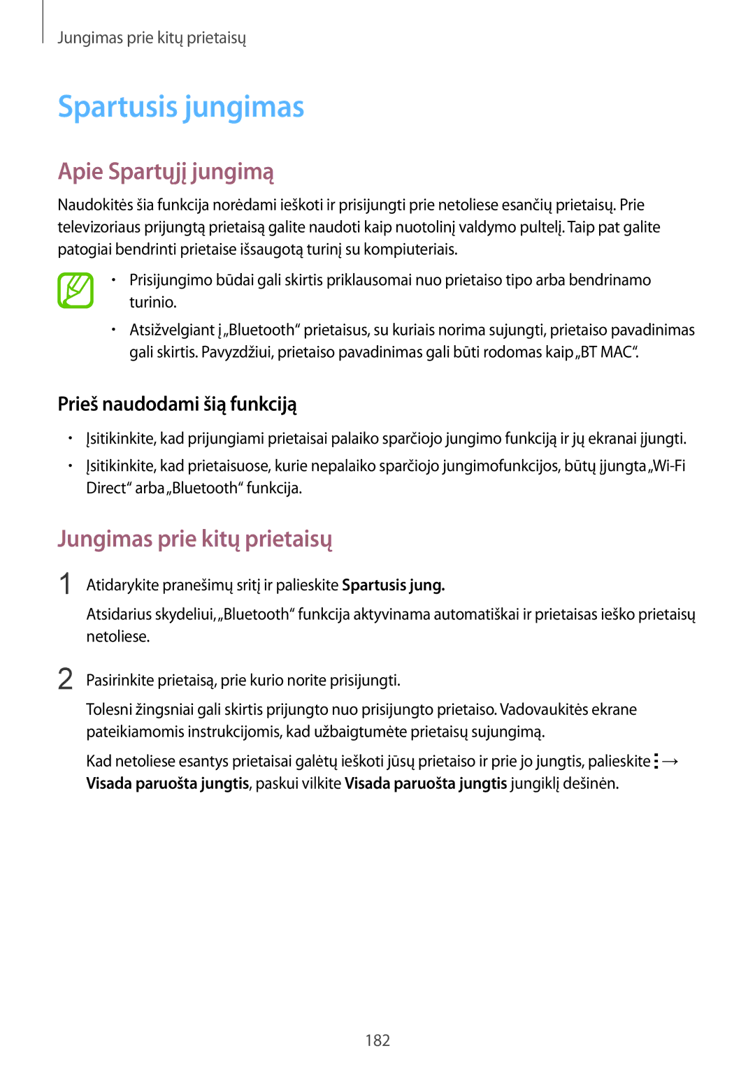 Samsung SM-G901FZWABAL, SM-G901FZDABAL manual Spartusis jungimas, Apie Spartųjį jungimą, Jungimas prie kitų prietaisų 