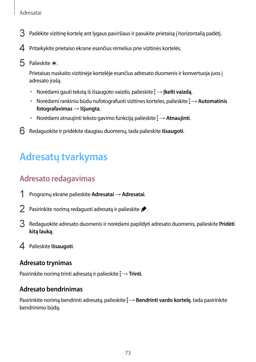 Samsung SM-G901FZKABAL manual Adresatų tvarkymas, Adresato redagavimas, Adresato trynimas, Adresato bendrinimas, Kitą lauką 