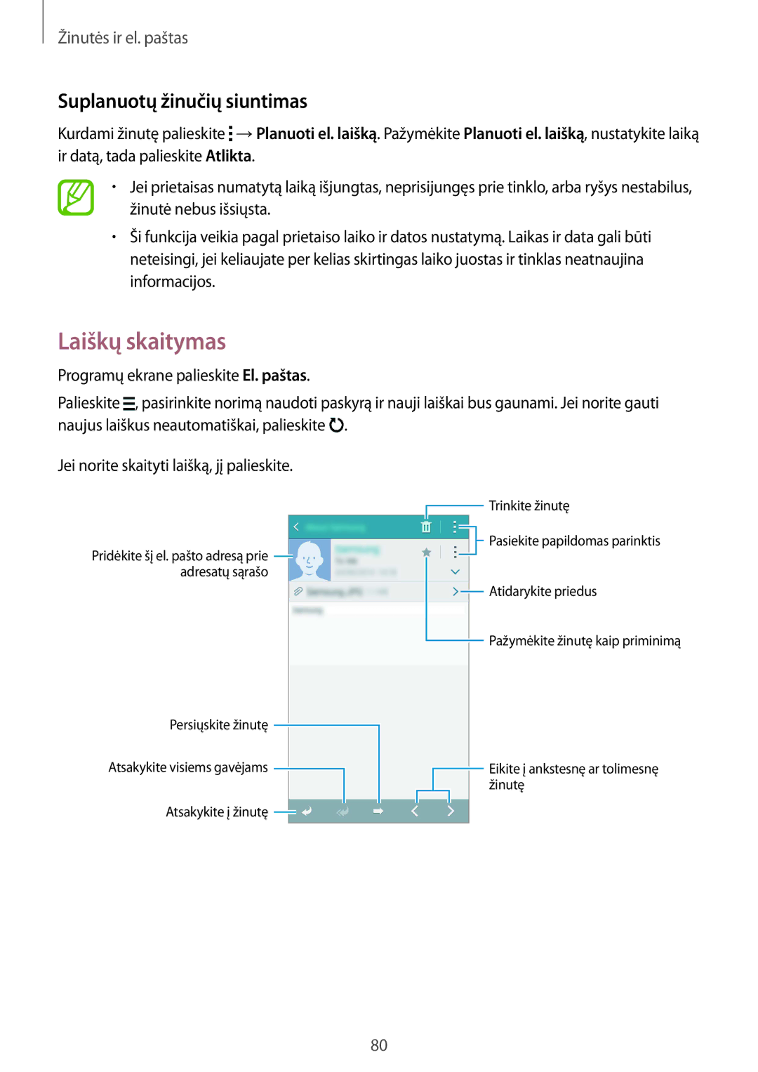 Samsung SM-G901FZDABAL, SM-G901FZKABAL, SM-G901FZWABAL, SM-G901FZBABAL manual Laiškų skaitymas, Suplanuotų žinučių siuntimas 