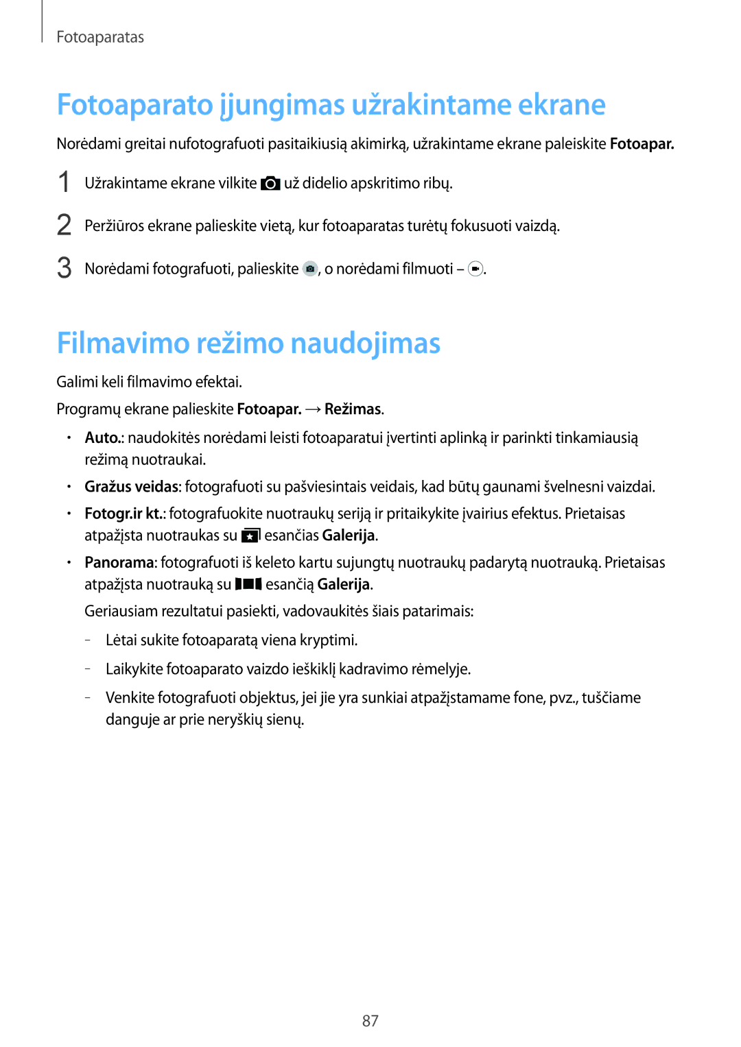 Samsung SM-G901FZBABAL, SM-G901FZDABAL manual Fotoaparato įjungimas užrakintame ekrane, Filmavimo režimo naudojimas 