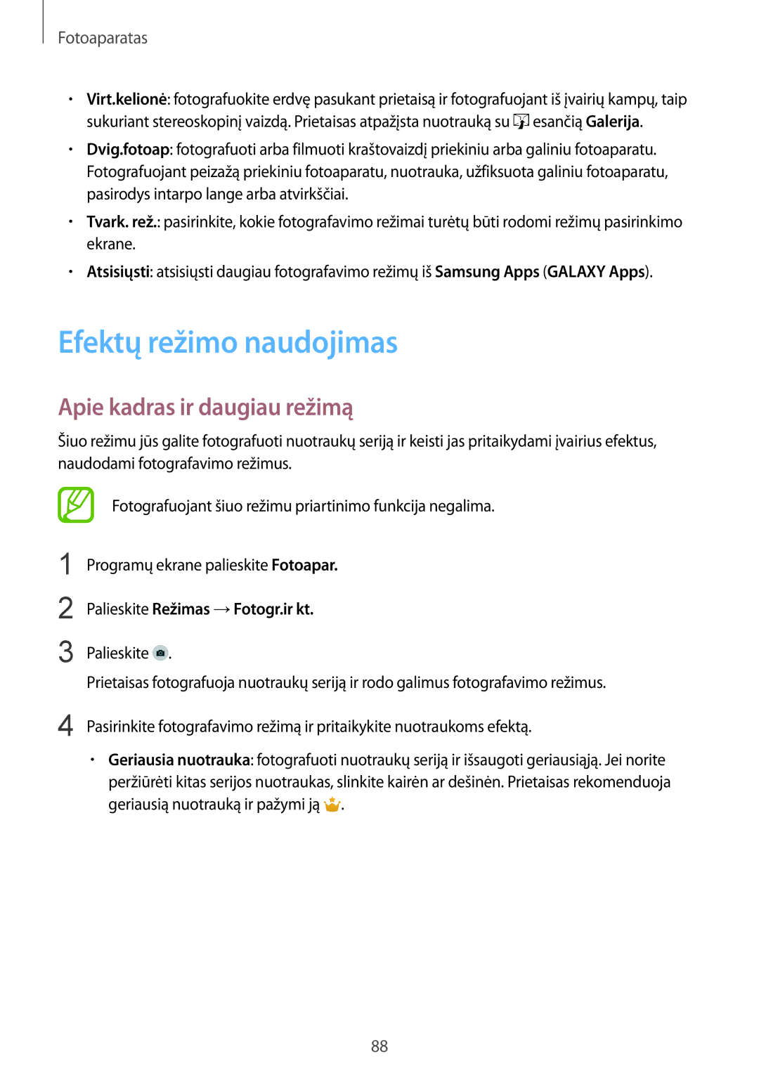 Samsung SM-G901FZDABAL manual Efektų režimo naudojimas, Apie kadras ir daugiau režimą, Palieskite Režimas →Fotogr.ir kt 