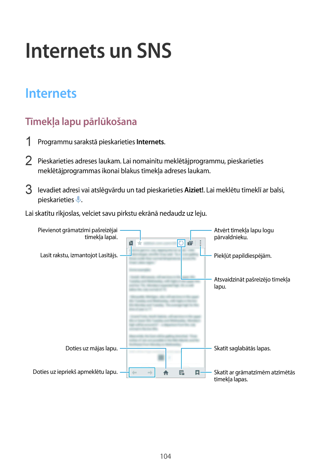 Samsung SM-G901FZDABAL manual Internets un SNS, Tīmekļa lapu pārlūkošana, Programmu sarakstā pieskarieties Internets 