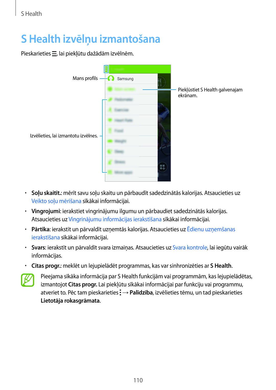 Samsung SM-G901FZWABAL, SM-G901FZDABAL manual Health izvēlņu izmantošana, Pieskarieties , lai piekļūtu dažādām izvēlnēm 