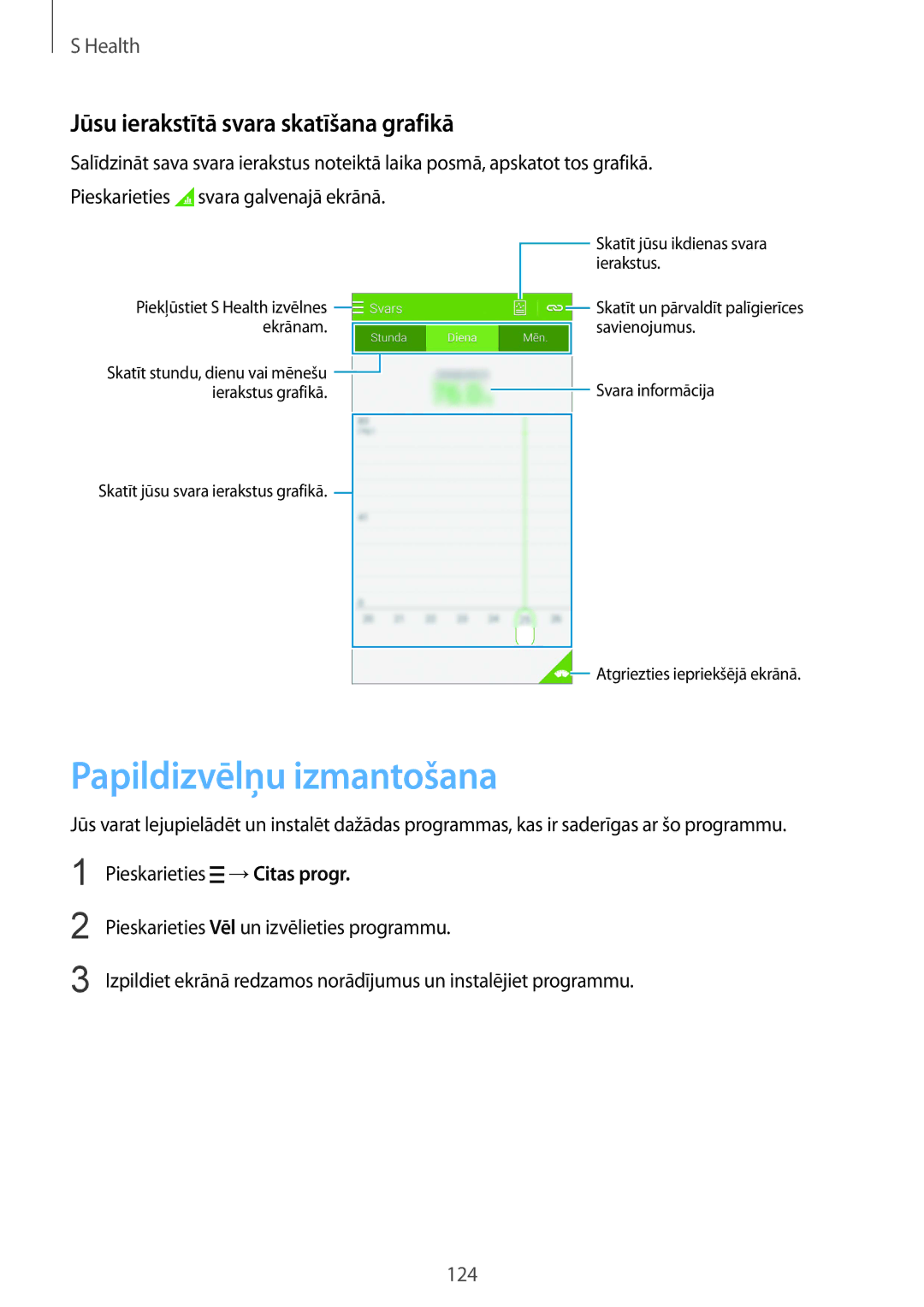 Samsung SM-G901FZDABAL, SM-G901FZKABAL, SM-G901FZWABAL Papildizvēlņu izmantošana, Jūsu ierakstītā svara skatīšana grafikā 