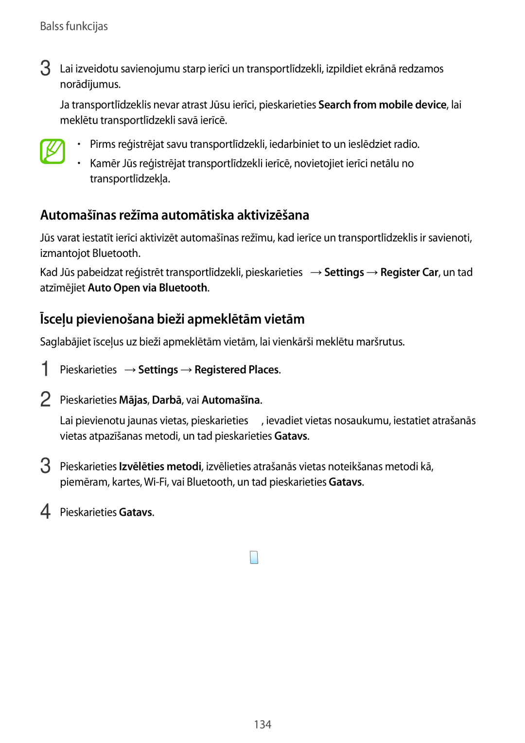 Samsung SM-G901FZWABAL manual Automašīnas režīma automātiska aktivizēšana, Īsceļu pievienošana bieži apmeklētām vietām 