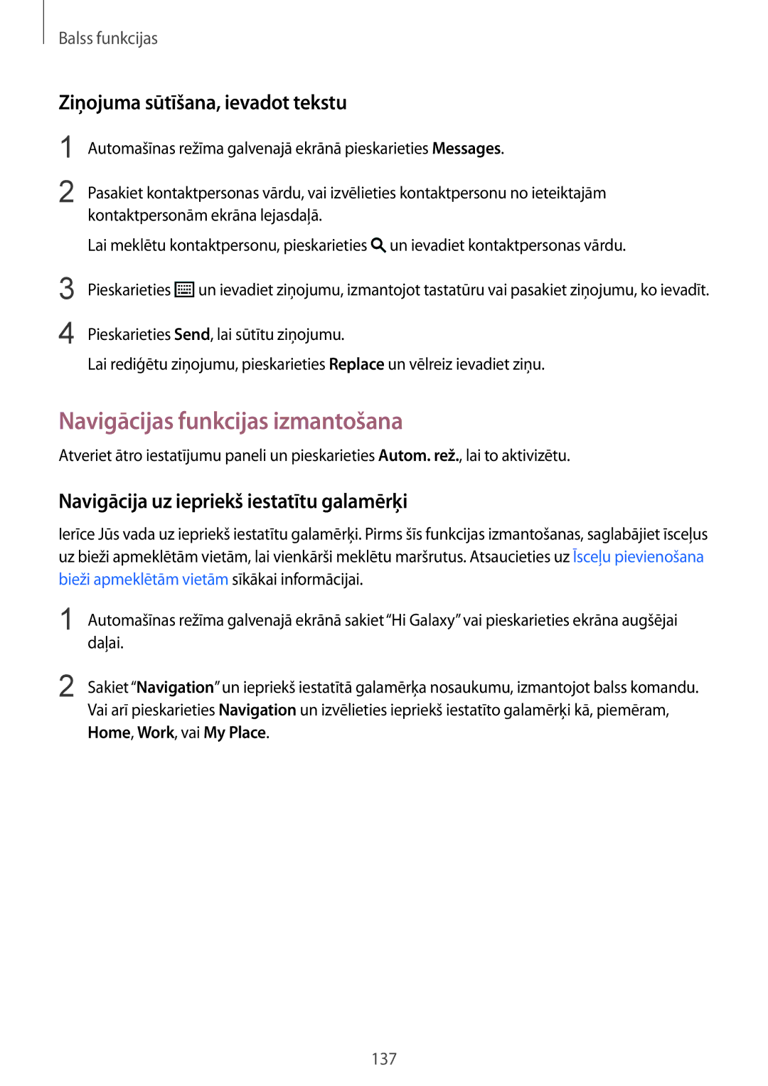 Samsung SM-G901FZKABAL Navigācijas funkcijas izmantošana, Ziņojuma sūtīšana, ievadot tekstu, Home, Work, vai My Place 