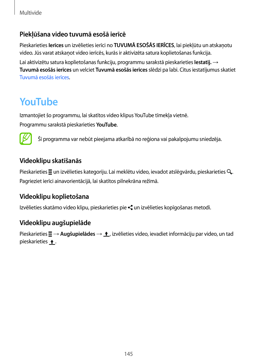 Samsung SM-G901FZKABAL manual YouTube, Piekļūšana video tuvumā esošā ierīcē, Videoklipu skatīšanās, Videoklipu koplietošana 
