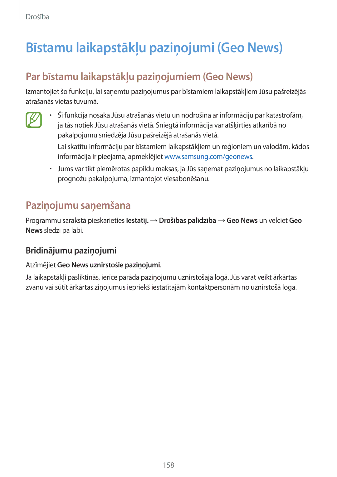 Samsung SM-G901FZWABAL manual Bīstamu laikapstākļu paziņojumi Geo News, Par bīstamu laikapstākļu paziņojumiem Geo News 