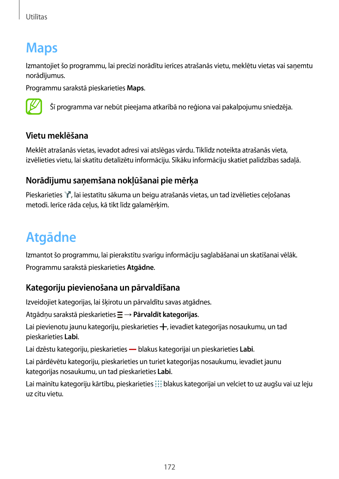 Samsung SM-G901FZDABAL, SM-G901FZKABAL manual Maps, Atgādne, Vietu meklēšana, Norādījumu saņemšana nokļūšanai pie mērķa 