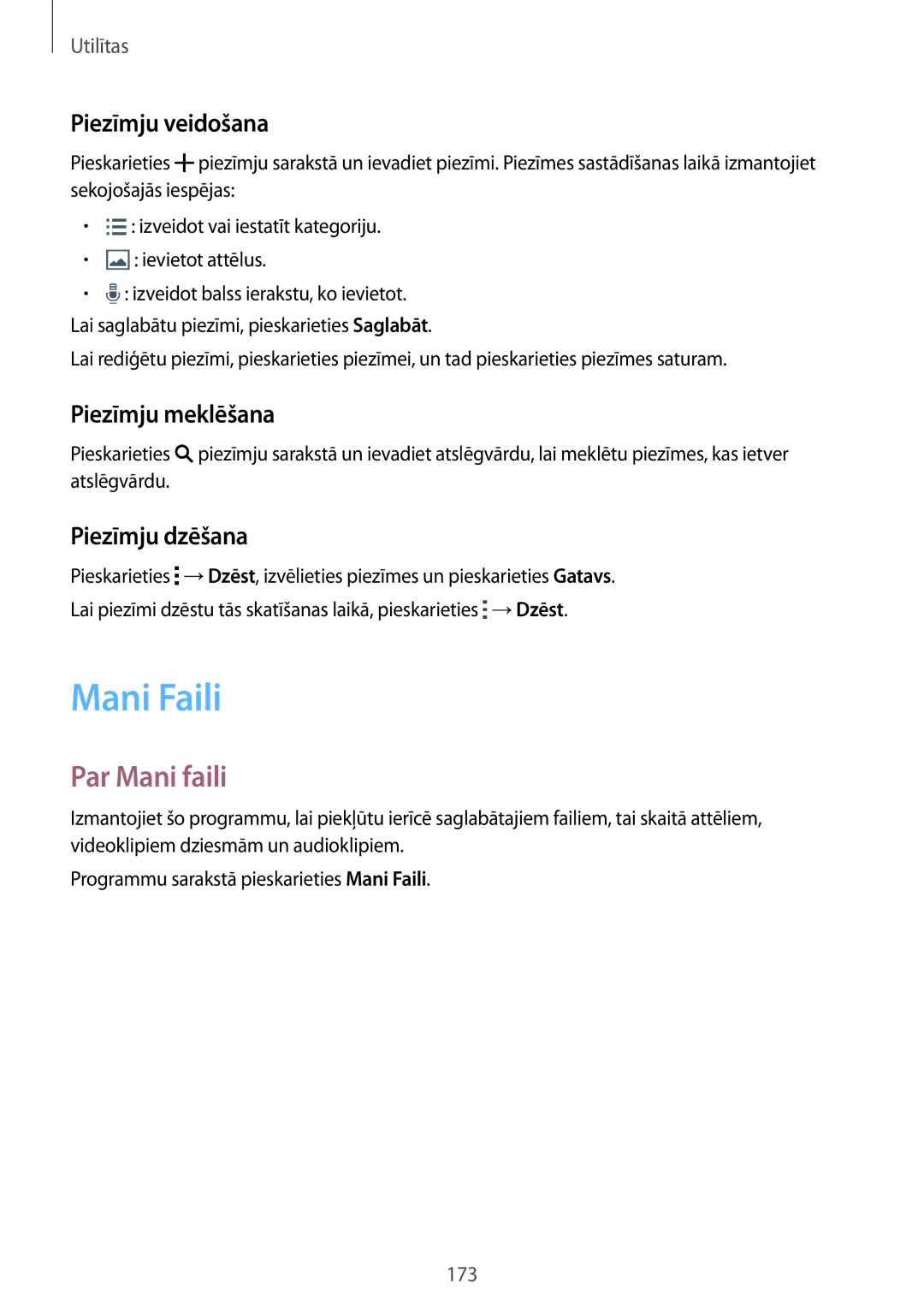 Samsung SM-G901FZKABAL manual Mani Faili, Par Mani faili, Piezīmju veidošana, Piezīmju meklēšana, Piezīmju dzēšana 