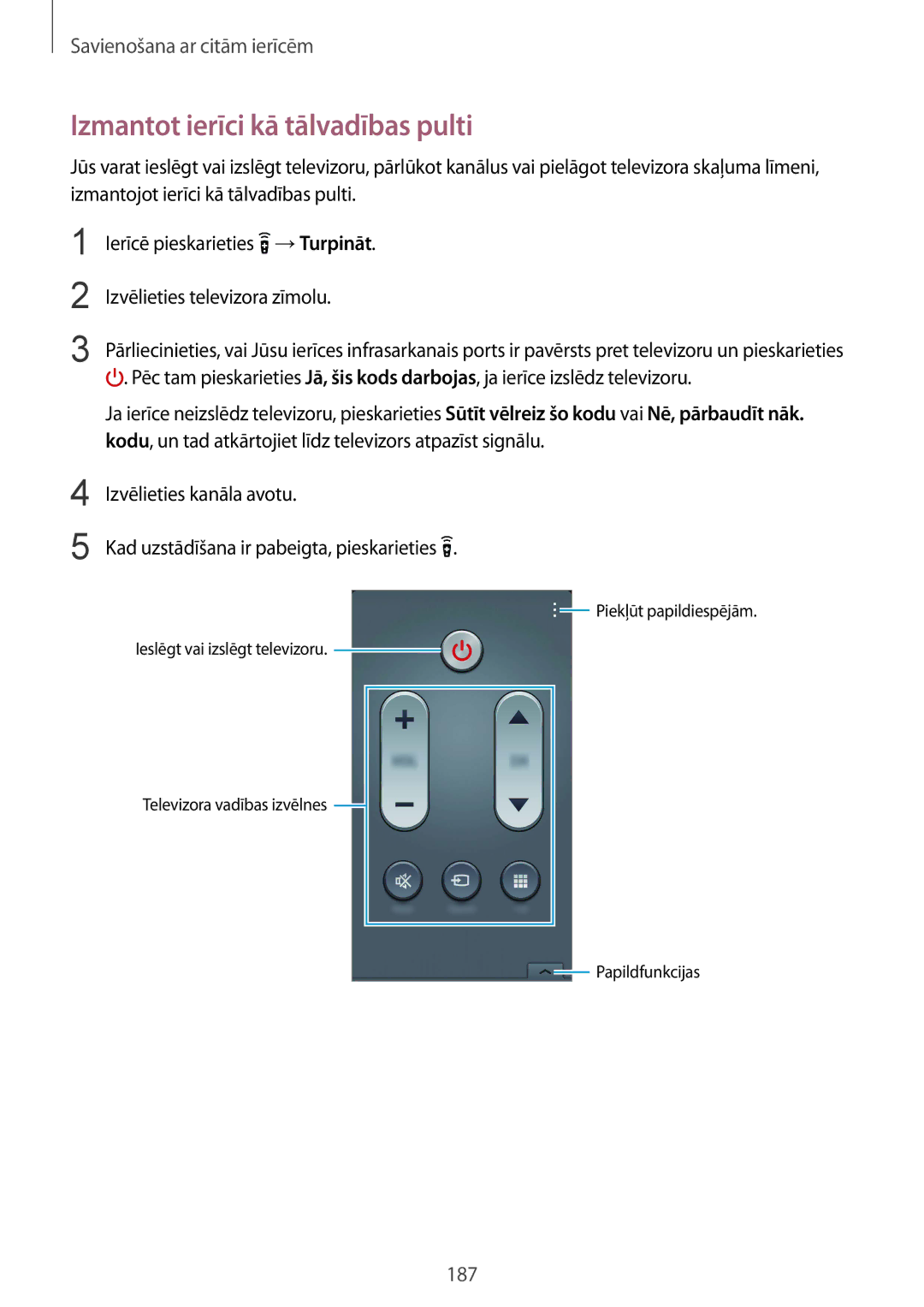 Samsung SM-G901FZBABAL, SM-G901FZDABAL, SM-G901FZKABAL, SM-G901FZWABAL manual Izmantot ierīci kā tālvadības pulti 