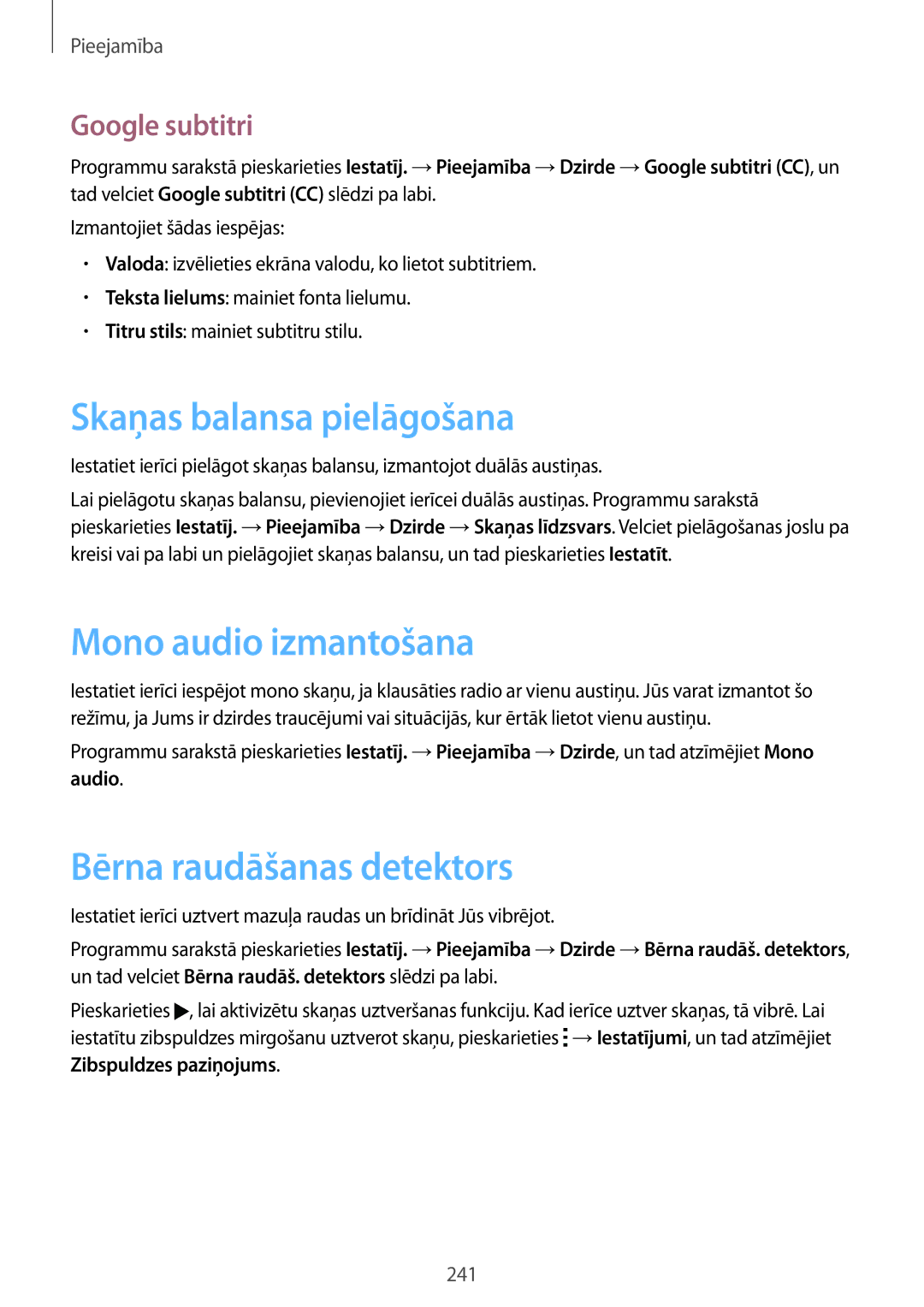 Samsung SM-G901FZKABAL Skaņas balansa pielāgošana, Mono audio izmantošana, Bērna raudāšanas detektors, Google subtitri 