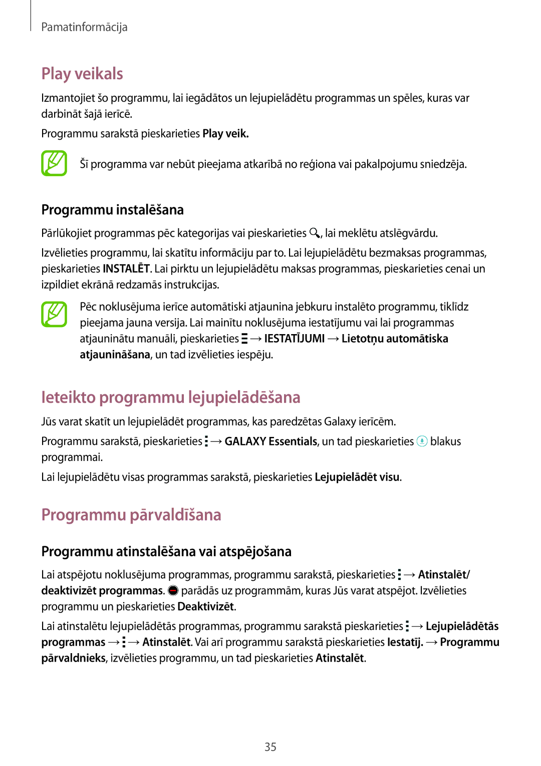 Samsung SM-G901FZBABAL, SM-G901FZDABAL manual Play veikals, Ieteikto programmu lejupielādēšana, Programmu pārvaldīšana 