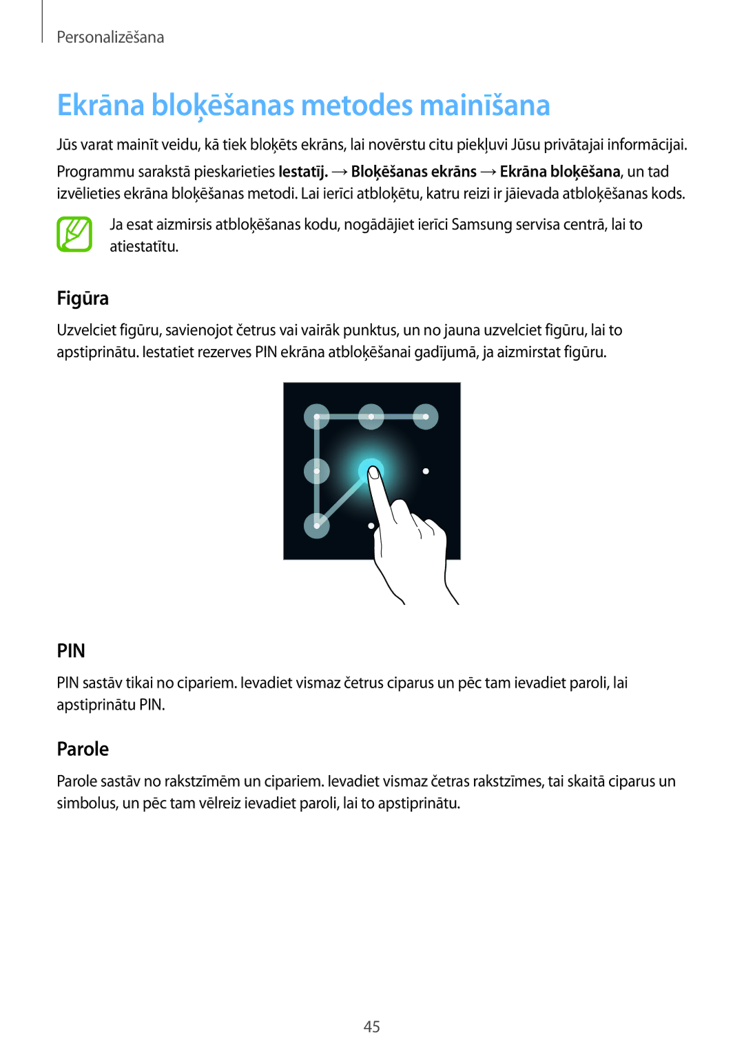 Samsung SM-G901FZKABAL, SM-G901FZDABAL, SM-G901FZWABAL, SM-G901FZBABAL Ekrāna bloķēšanas metodes mainīšana, Figūra, Parole 