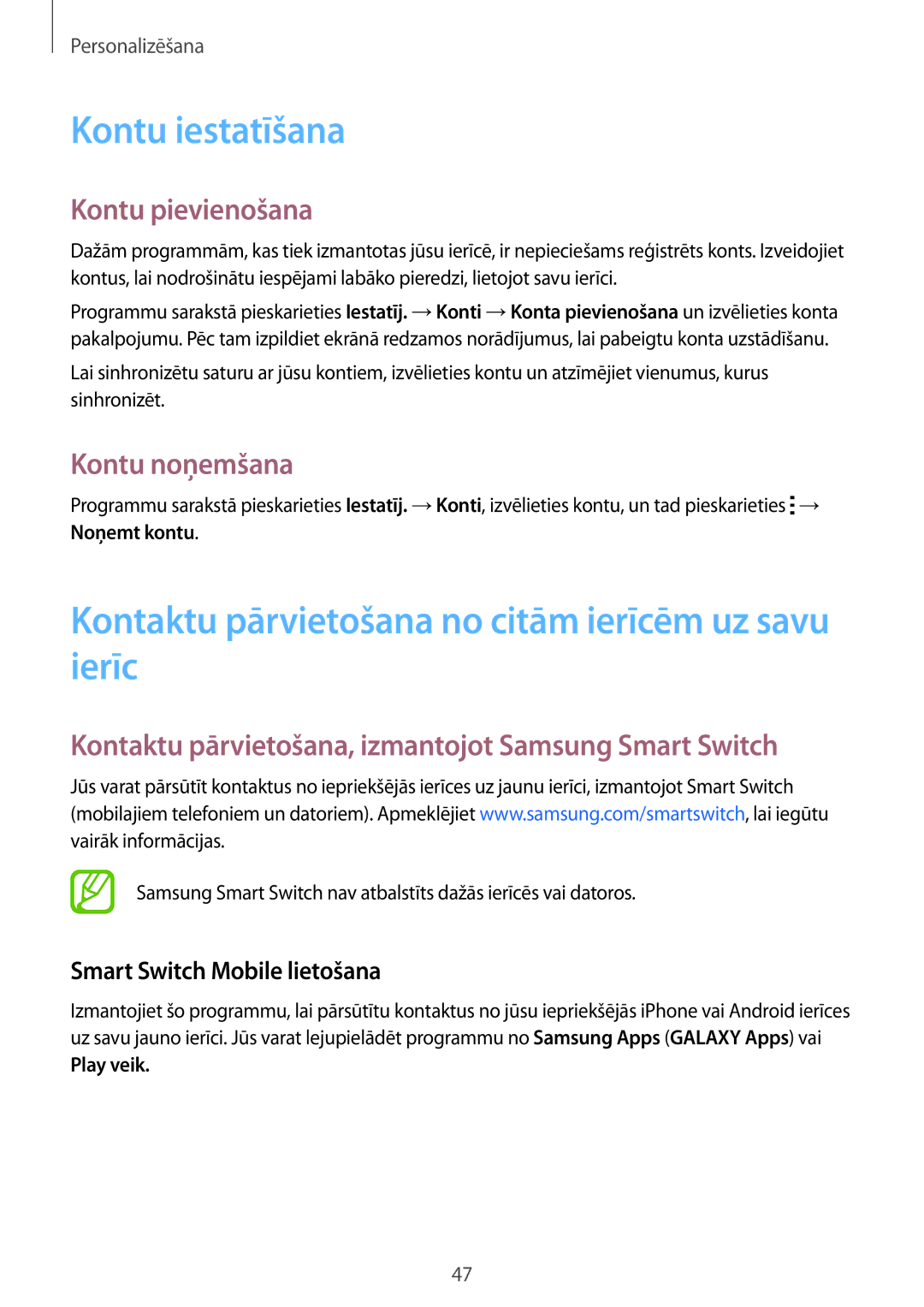 Samsung SM-G901FZBABAL manual Kontu iestatīšana, Kontaktu pārvietošana no citām ierīcēm uz savu ierīc, Kontu pievienošana 