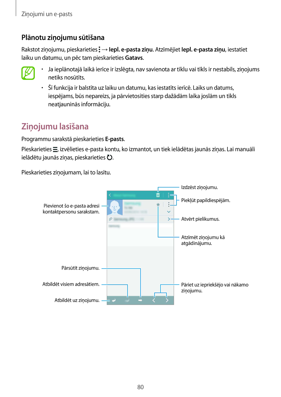 Samsung SM-G901FZDABAL, SM-G901FZKABAL, SM-G901FZWABAL, SM-G901FZBABAL manual Ziņojumu lasīšana, Plānotu ziņojumu sūtīšana 