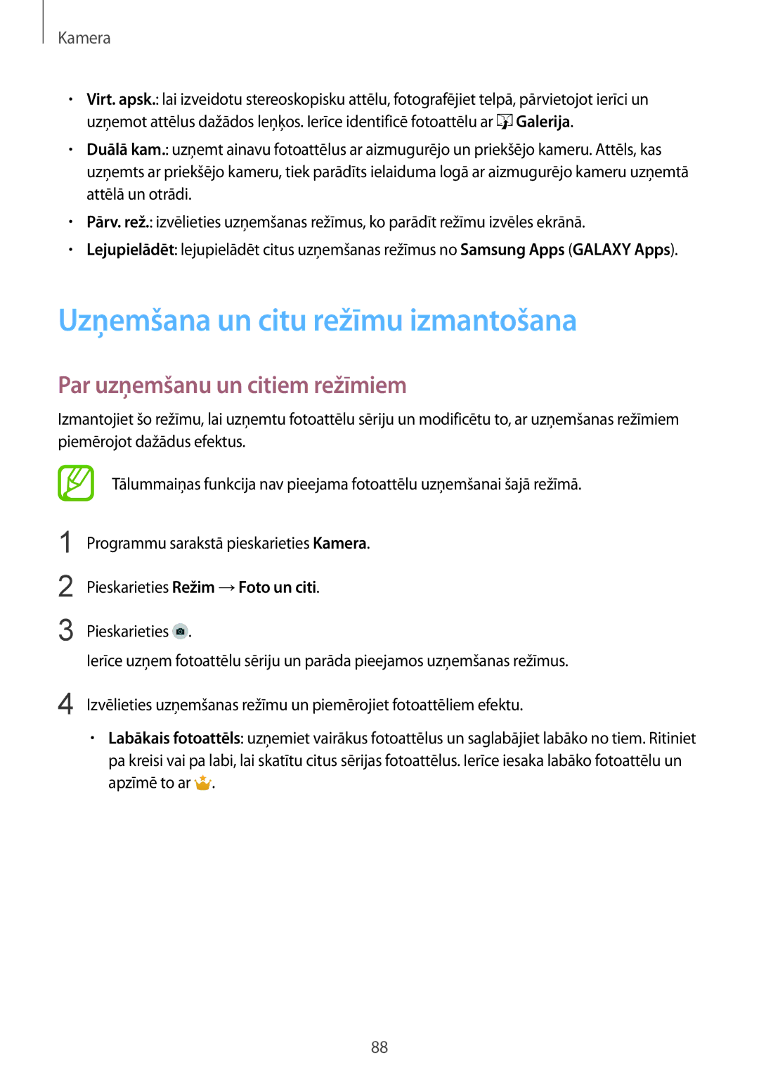 Samsung SM-G901FZDABAL, SM-G901FZKABAL manual Uzņemšana un citu režīmu izmantošana, Par uzņemšanu un citiem režīmiem 