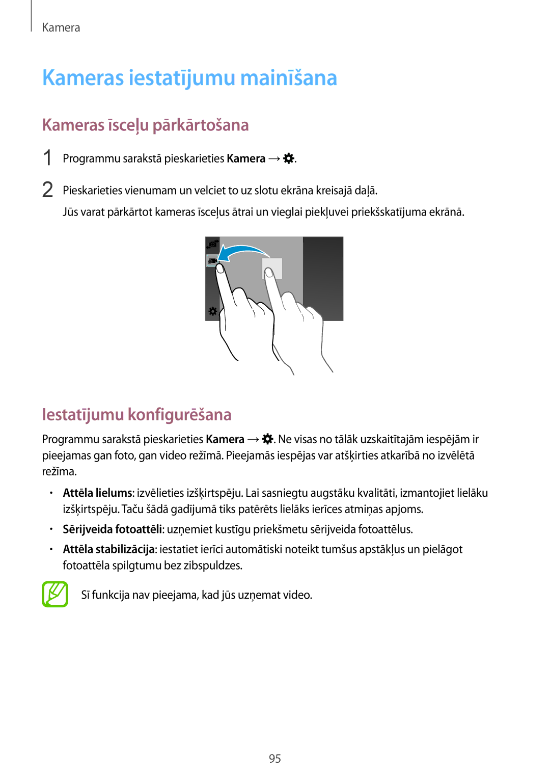 Samsung SM-G901FZBABAL manual Kameras iestatījumu mainīšana, Kameras īsceļu pārkārtošana, Iestatījumu konfigurēšana 