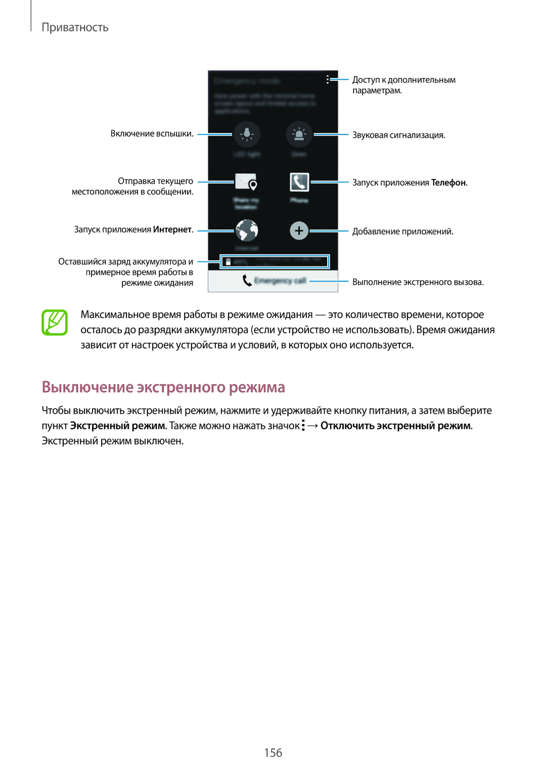 Samsung SM-G901FZDABAL, SM-G901FZKABAL, SM-G901FZWABAL, SM-G901FZBABAL manual Выключение экстренного режима, Приватность 