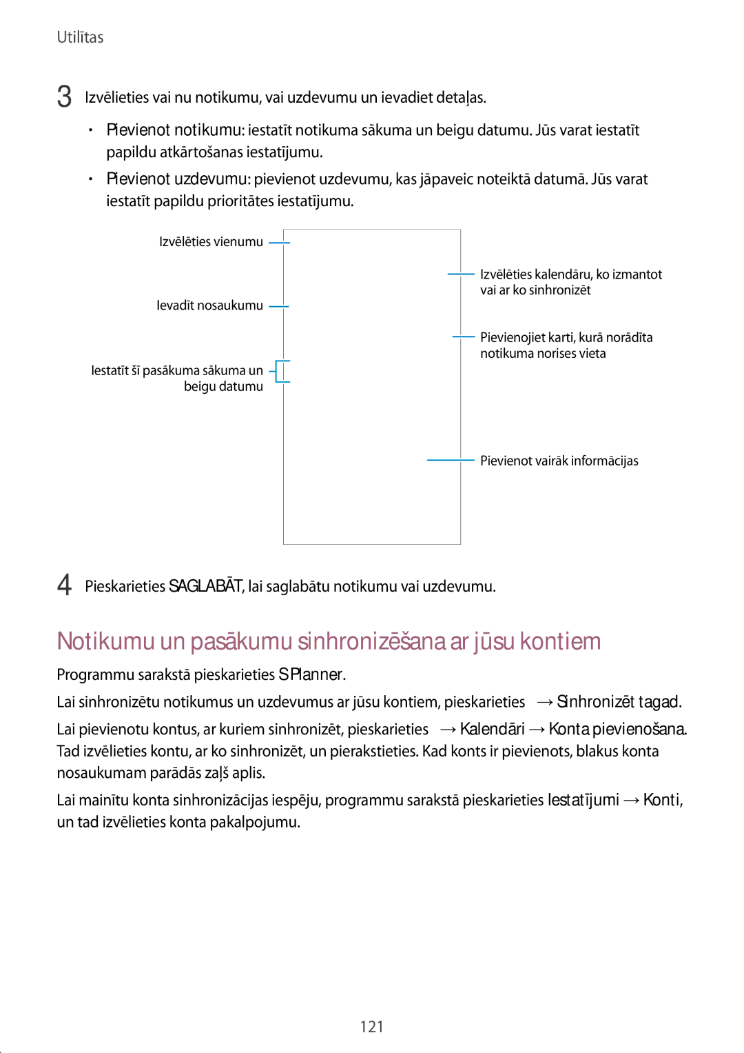 Samsung SM-G901FZKABAL Notikumu un pasākumu sinhronizēšana ar jūsu kontiem, Programmu sarakstā pieskarieties S Planner 