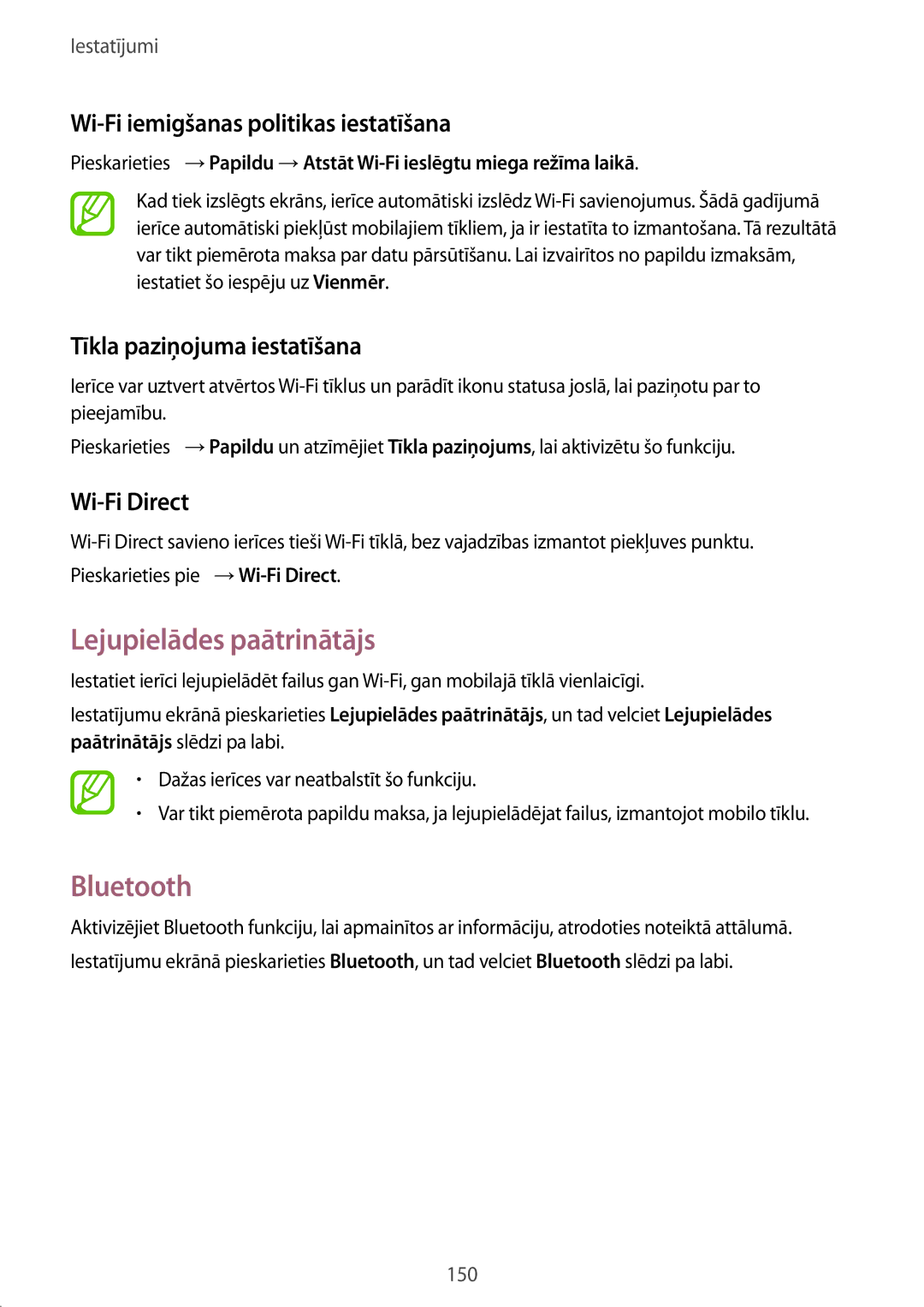 Samsung SM-G901FZWABAL manual Lejupielādes paātrinātājs, Bluetooth, Wi-Fi iemigšanas politikas iestatīšana, Wi-Fi Direct 