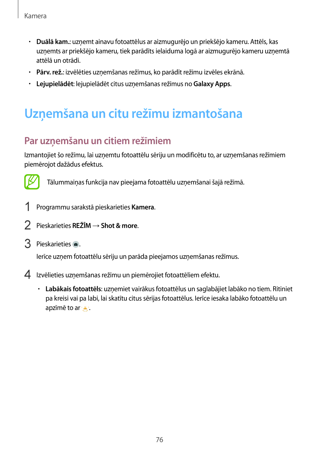 Samsung SM-G901FZDABAL, SM-G901FZKABAL manual Uzņemšana un citu režīmu izmantošana, Par uzņemšanu un citiem režīmiem 