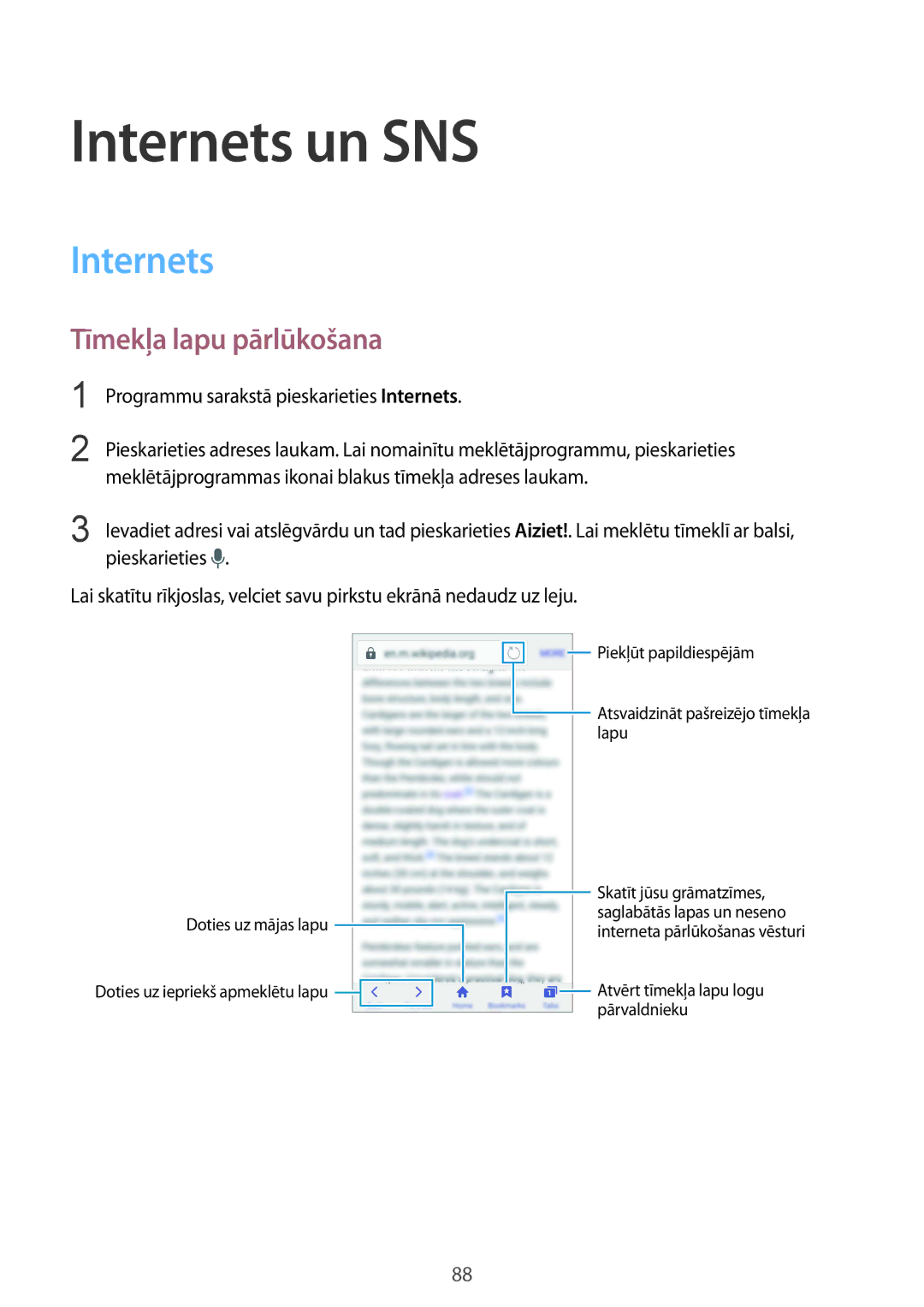 Samsung SM-G901FZDABAL manual Internets un SNS, Tīmekļa lapu pārlūkošana, Programmu sarakstā pieskarieties Internets 