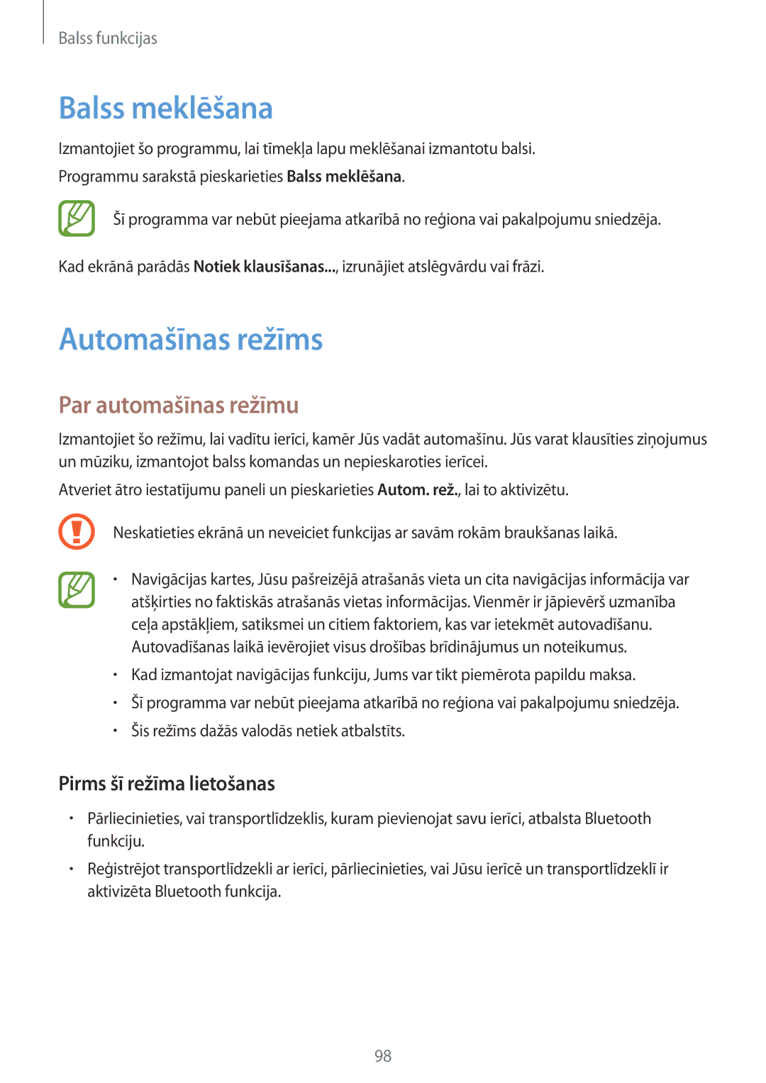 Samsung SM-G901FZWABAL, SM-G901FZDABAL, SM-G901FZKABAL manual Balss meklēšana, Automašīnas režīms, Par automašīnas režīmu 