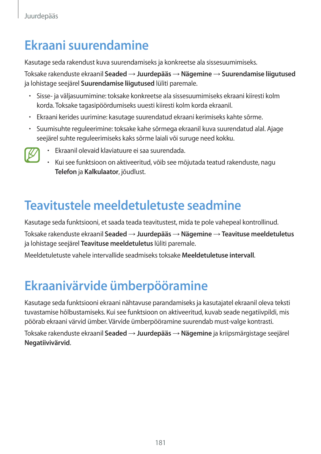 Samsung SM-G901FZKABAL manual Ekraani suurendamine, Teavitustele meeldetuletuste seadmine, Ekraanivärvide ümberpööramine 