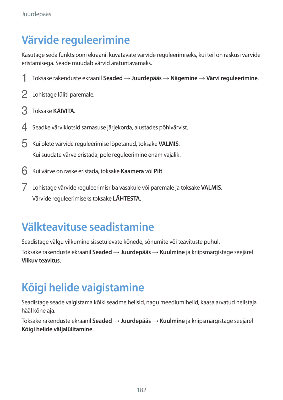 Samsung SM-G901FZWABAL, SM-G901FZDABAL manual Värvide reguleerimine, Välkteavituse seadistamine, Kõigi helide vaigistamine 