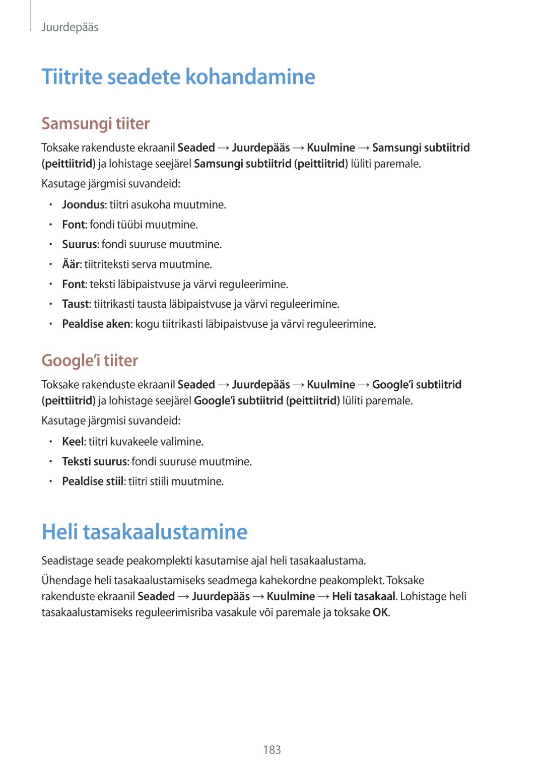 Samsung SM-G901FZBABAL manual Tiitrite seadete kohandamine, Heli tasakaalustamine, Samsungi tiiter, Google’i tiiter 