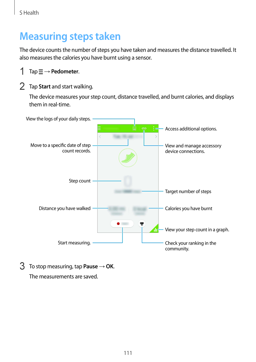 Samsung SM-G901FZWACOS, SM-G901FZKACOS, SM-G901FZDABAL, SM-G901FZWAVGR, SM-G901FZWADBT Measuring steps taken, Tap →Pedometer 