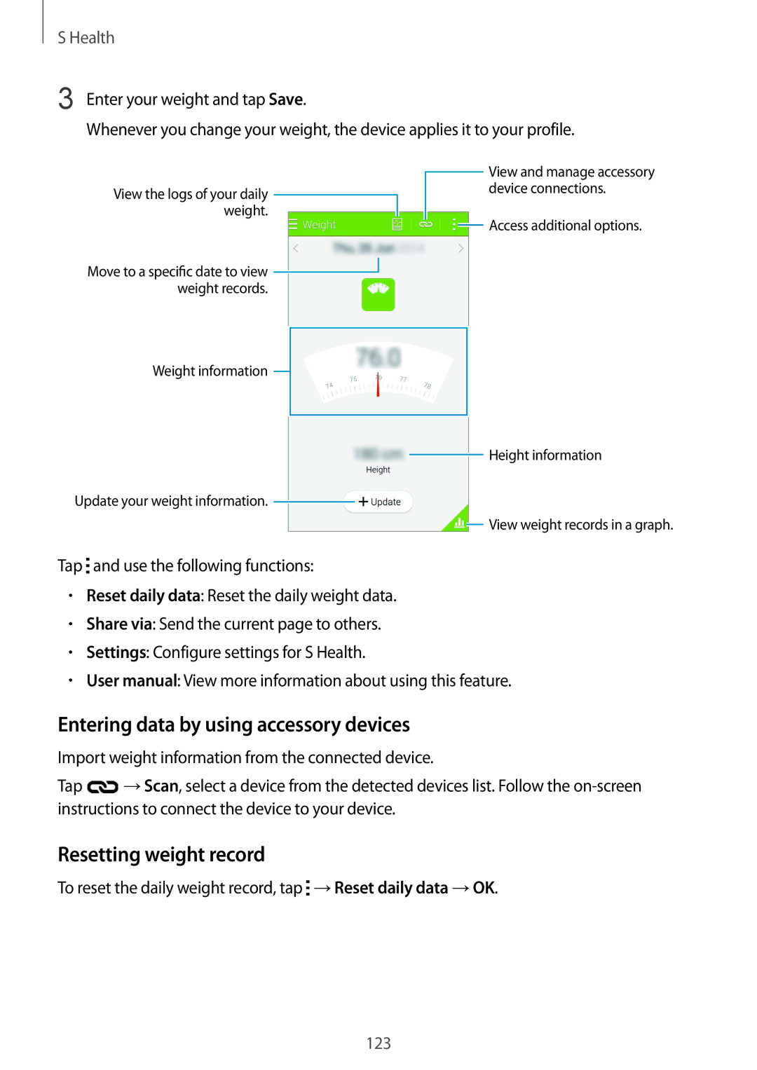 Samsung SM-G901FZWABAL, SM-G901FZKACOS, SM-G901FZDABAL Entering data by using accessory devices, Resetting weight record 