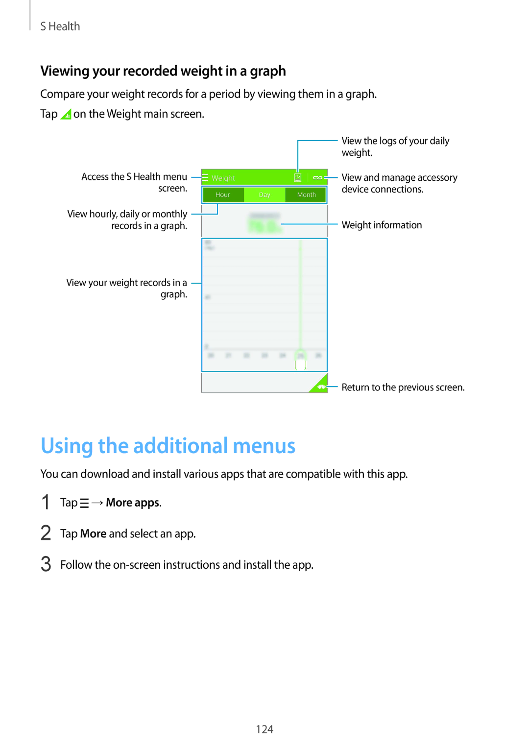 Samsung SM-G901FZWAEUR, SM-G901FZKACOS Using the additional menus, Viewing your recorded weight in a graph, Tap →More apps 