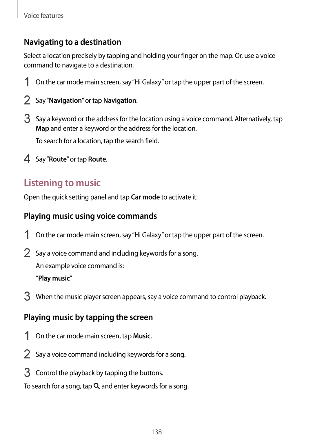Samsung SM-G901FZKAEUR, SM-G901FZKACOS Listening to music, Navigating to a destination, Playing music using voice commands 