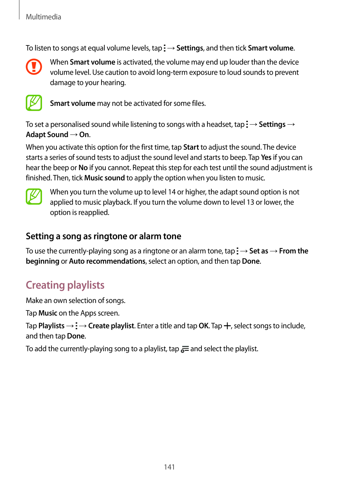 Samsung SM-G901FZDABAL, SM-G901FZKACOS, SM-G901FZWAVGR manual Creating playlists, Setting a song as ringtone or alarm tone 